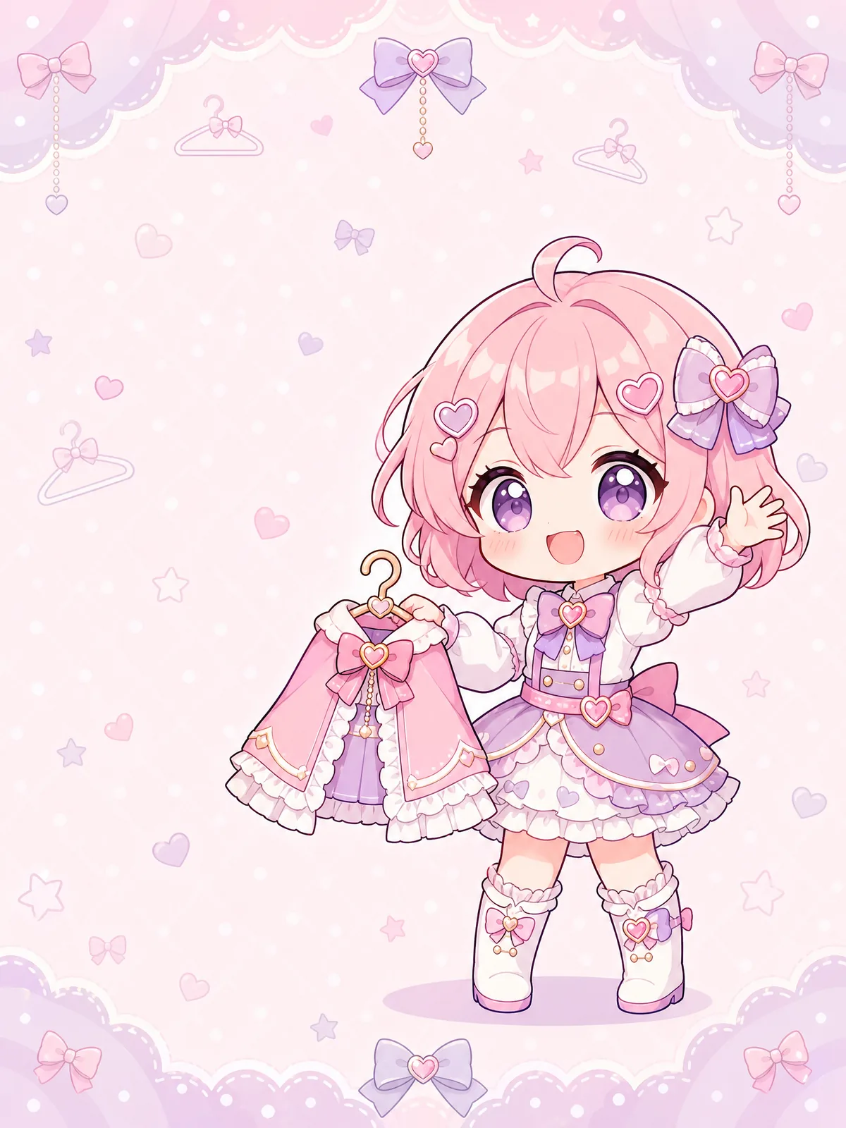 Maskot chibi Lilycosrent sedang menyapa sambil membawa kostum pink